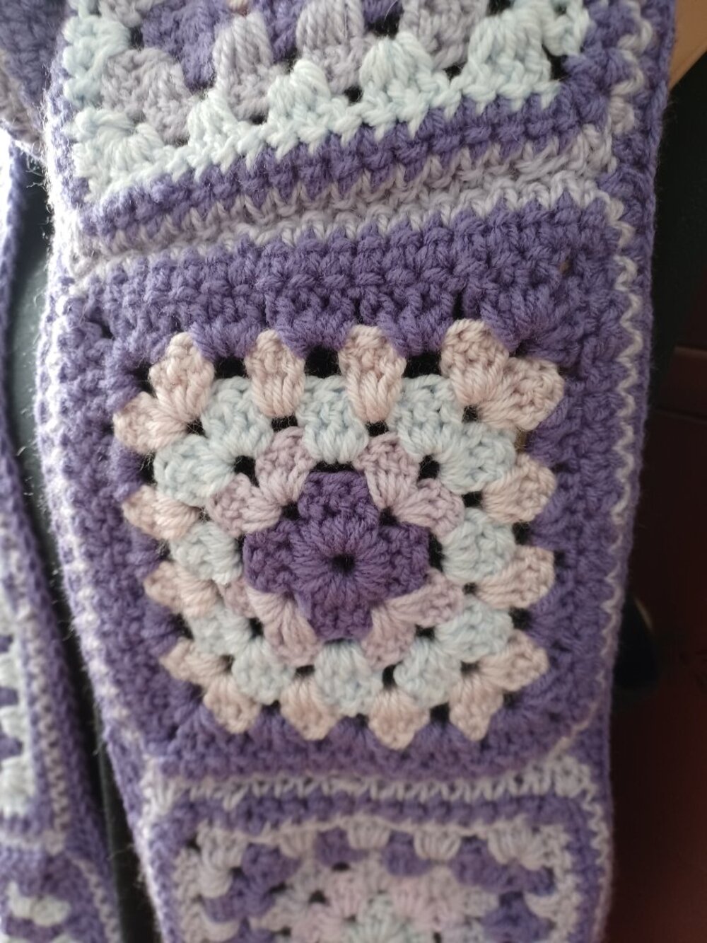 Handmade Crocheted Granny Square Winter/Fall Scarf - Lavender, Lilac and White - Picture 3 of 3